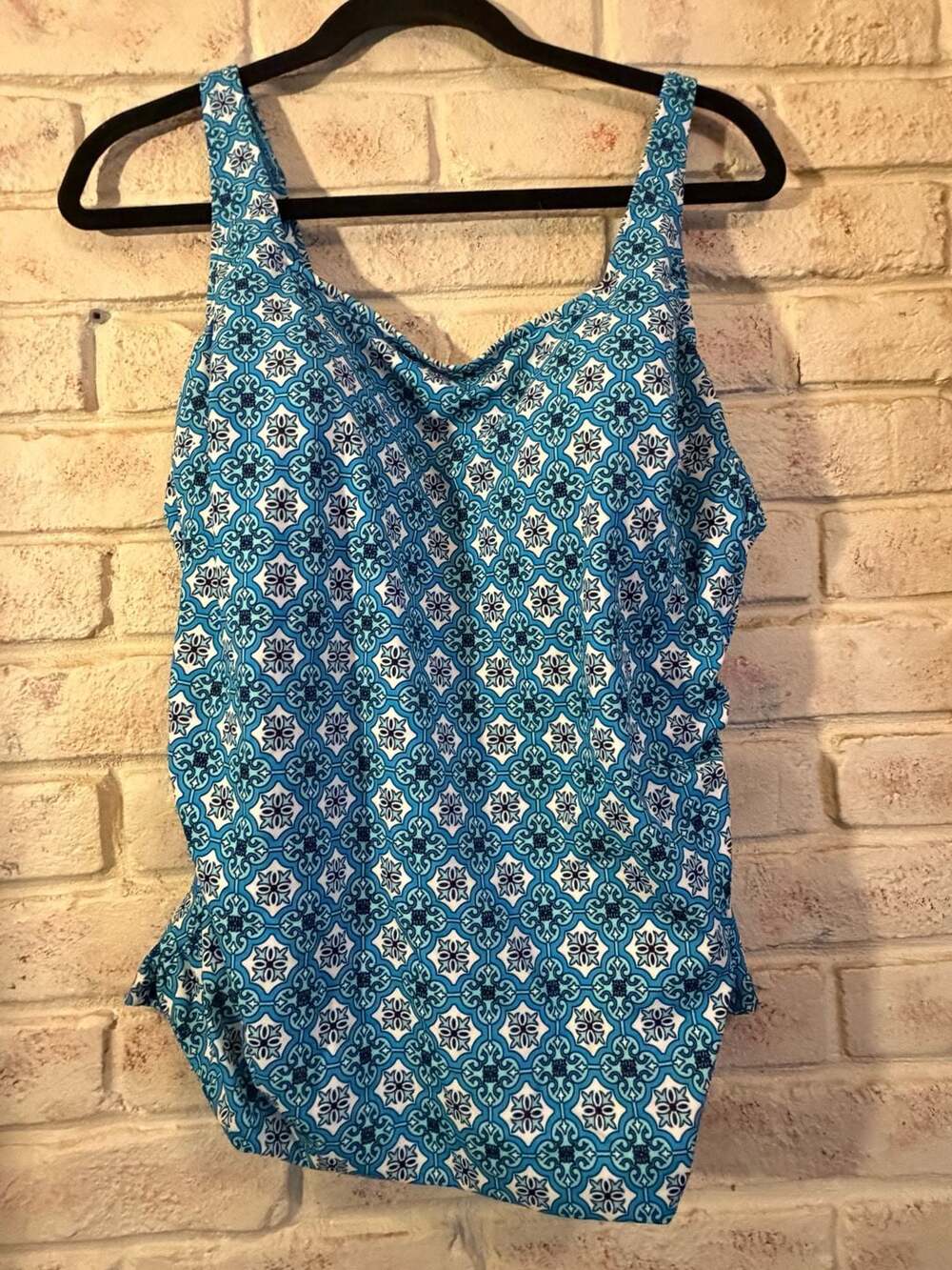 Azul Tile Print Side-Ruched Tankini Swim Top, Blue, Size 16